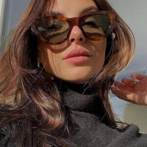 Saint Laurent SLM94 003 Sunglasses Havana Cat Eye Frame, Green Lenses